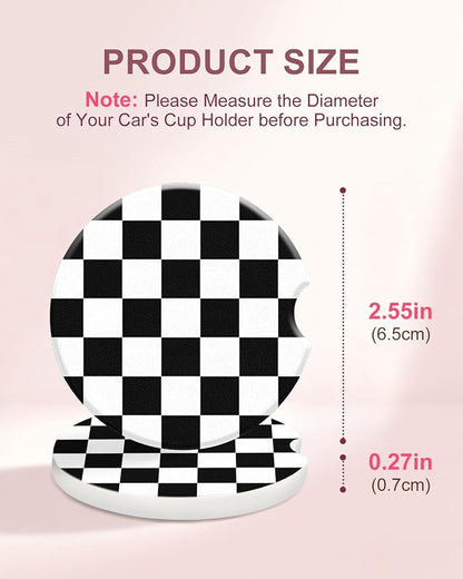 Swooflia Car Coasters for Women - Black and White Checkered Ceramic Car Cupholder Coaster Absorbent Mat Coaster with Cork Base 2 Pack 2.55 inch Automotive Cup Holder Accessories New Driver Gifts