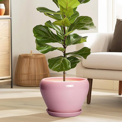 10 Inch Plant Pot - Ceramic Planter for Indoor Plants, Glaze Modern Round Planter with Drainage Hole and Saucer, Gifts for Plant Lovers, Office Patio Home Room Decor, Pink