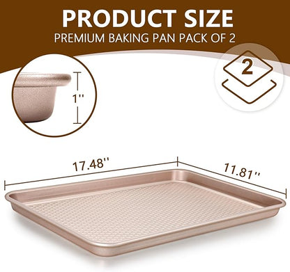 Wildone 2 Pack Half Sheet Baking Pans, Honeycomb Embossed Nonstick Baking Sheet 17.5x12 In, Thicker Carbon Steel Cookie Sheet, Even Heating & Warp Resistant, Rose Gold