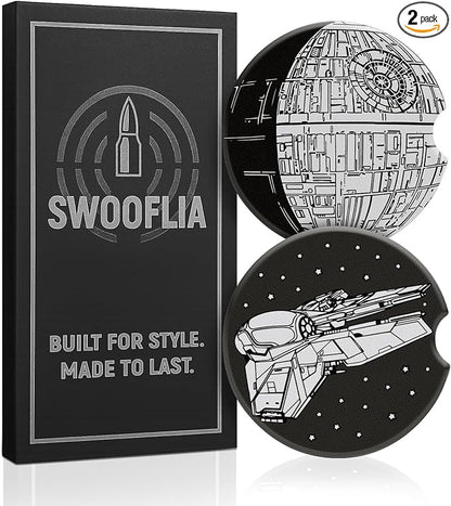 Swooflia Car Coasters for Men - Spaceship Ceramic Car Cupholder Coaster Cool Absorbent Mat Coaster with Cork Base 2 Pack Automotive Cup Holder Accessories New Driver Gifts