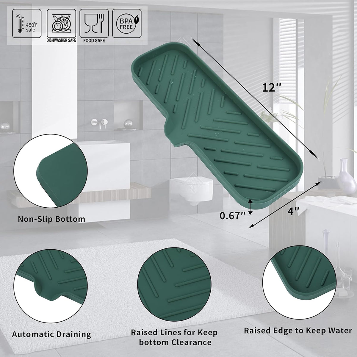 Silicone Bathroom Soap Dishes with Drain Spout-Bathroom and Kitchen Sink Organizer,Sponge Holder,Dish Soap Tray,Perfect for Dispenser,Scrubber,Bottle,Cup on Sink or Counter-Green 12"×4"